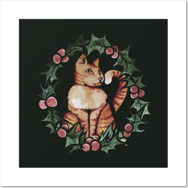 Orange Cat Christmas Holly Wall Art by bubbsnugg